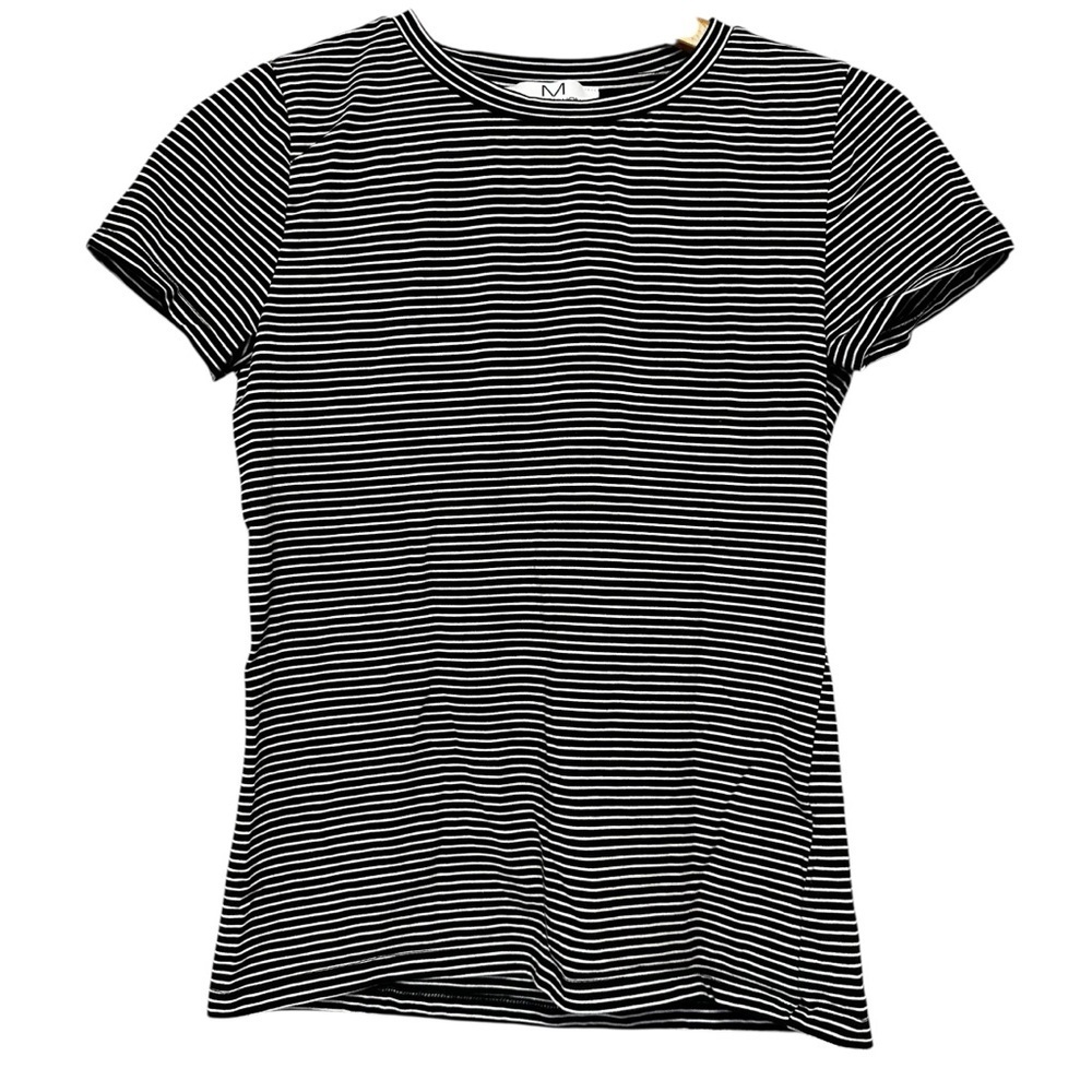 Magaschoni Black White Stripe Short Sleeve Pima Cotton Blend Shirt Size XS